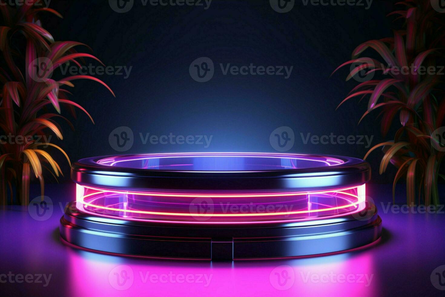 ai generato occhio attraente podio cilindro design con dinamico neon illuminazione per prodotti foto