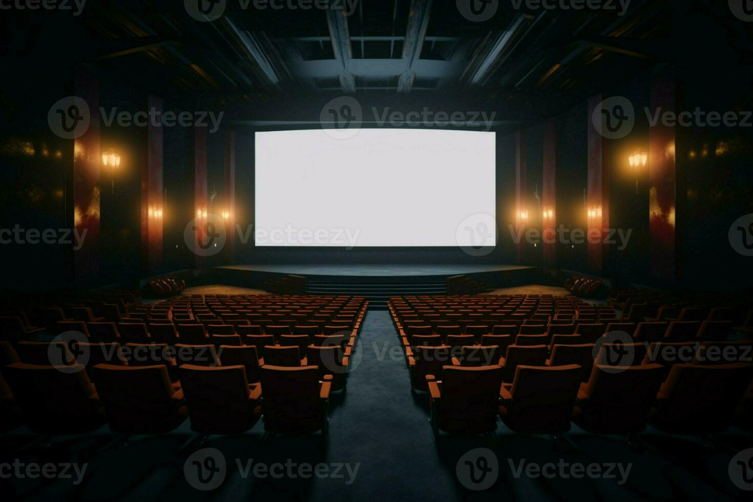ai generato cinematico potenziale film Teatro con un' vuoto e travolgente schermo foto