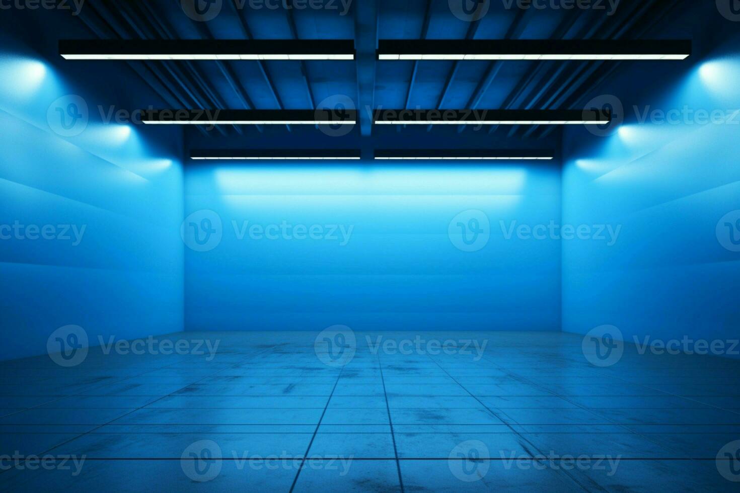 ai generato esposizione fascino vuoto blu camera con pensieroso posto illuminazione foto