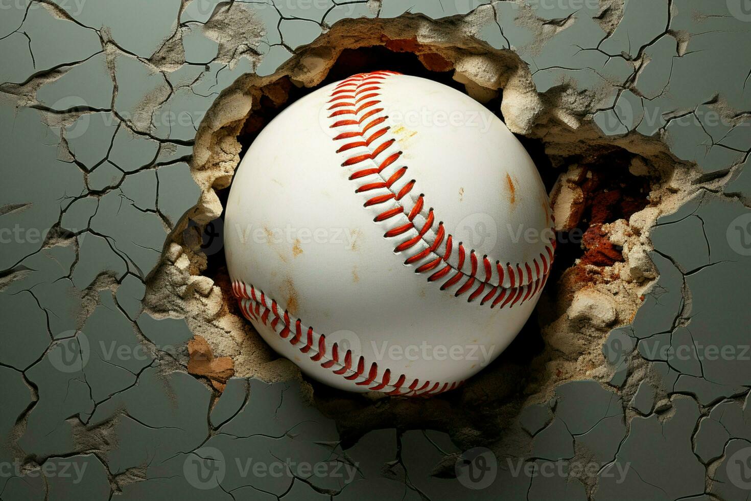 ai generato palle da baseball energia visualizzato come esso scoppia attraverso un' Cracked parete foto