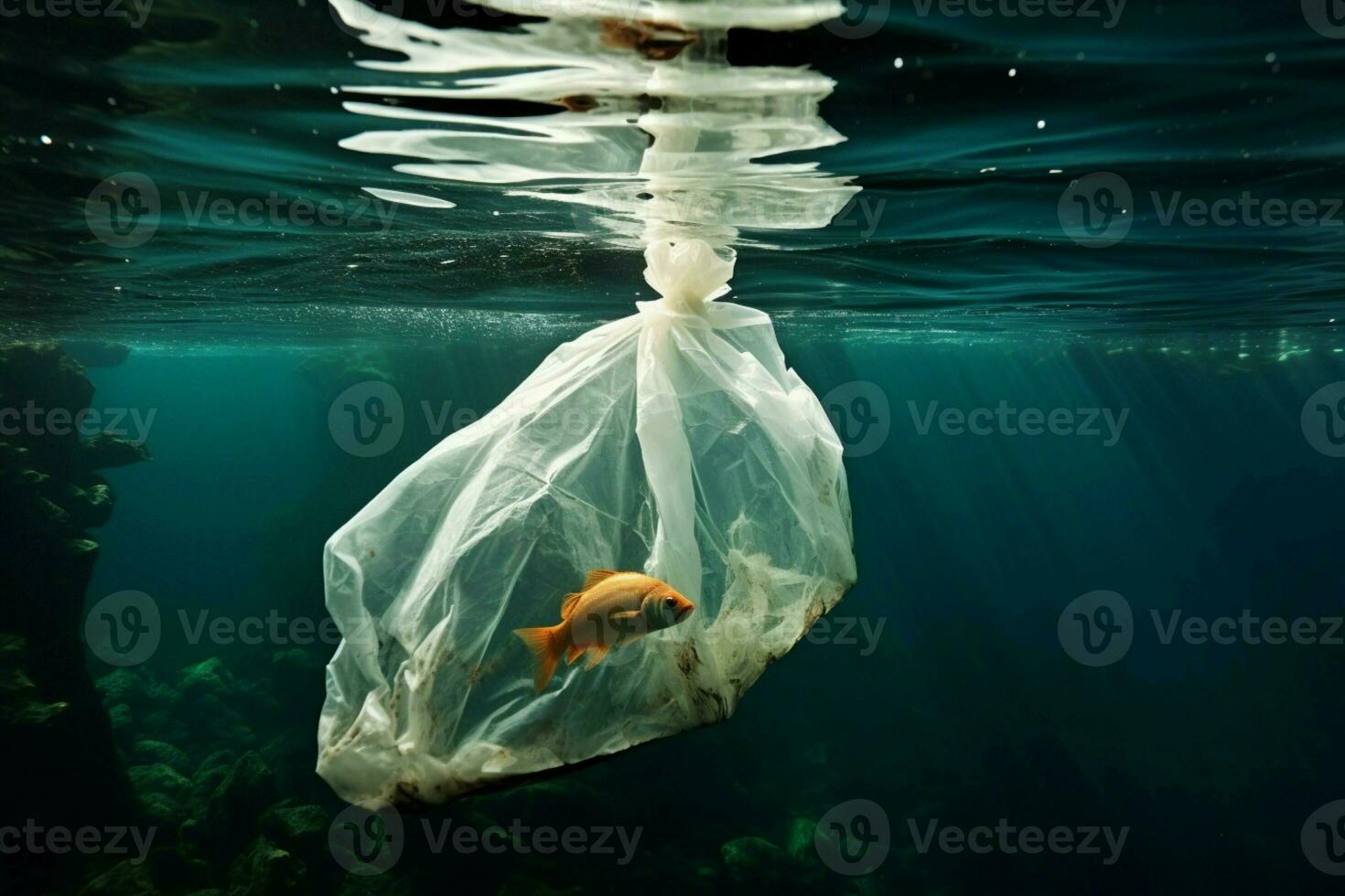 ai generato mare contaminazione plastica Borsa negativamente che colpisce il marino ecosistema foto
