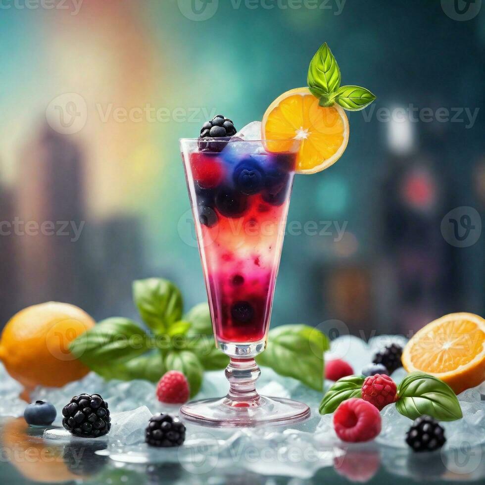 ai generato un' colorato e fruttato miscuglio con confuso frutti di bosco, agrume Vodka, e un' infuso al basilico semplice sciroppo. ai generativo foto