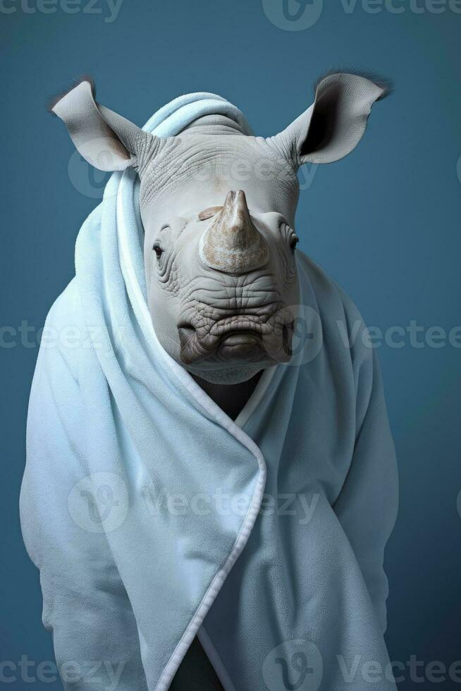 ai generato rinoceronte con accappatoio pastello blu sfondo fotografia foto