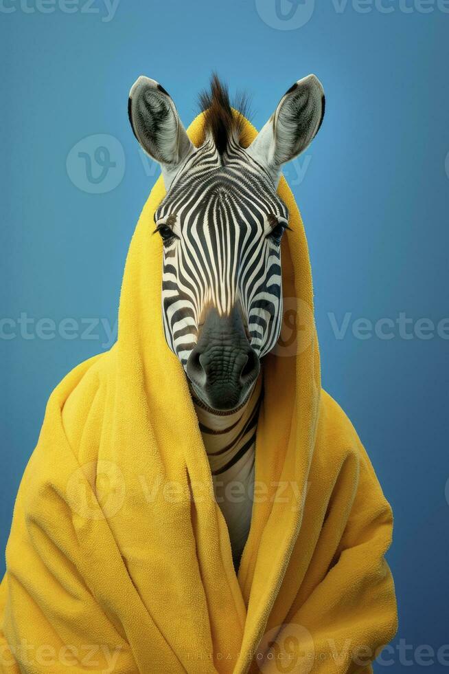 ai generato ritratto di un' zebra indossare accappatoio con pastello blu sfondo foto