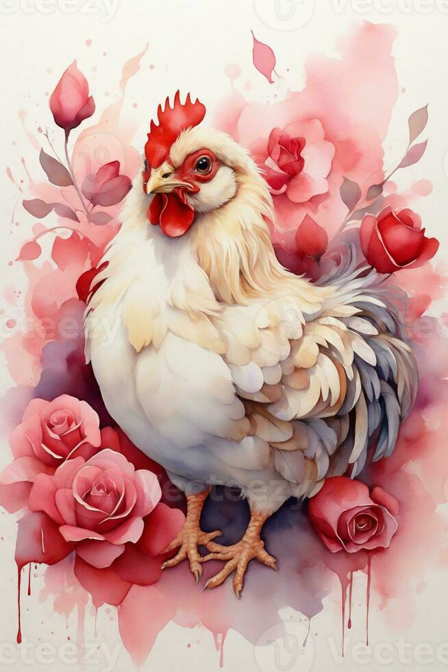 ai generato l gallina sfondo con rosa fiori acquerello grafica foto