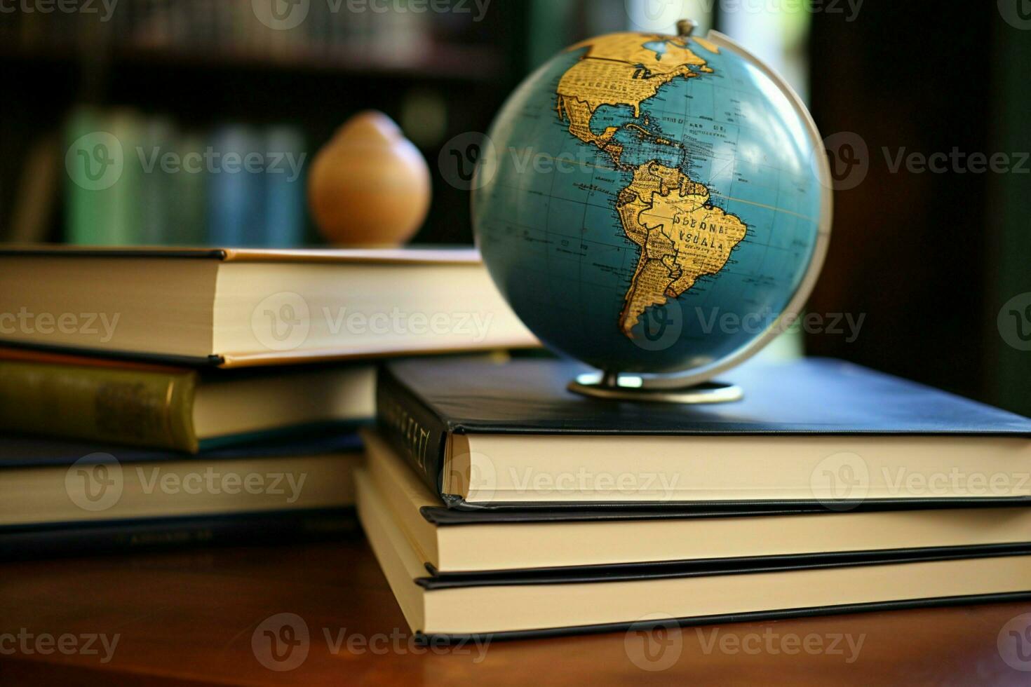 ai generato globo e libri un' simbolo di globale conoscenza e formazione scolastica ai generato foto