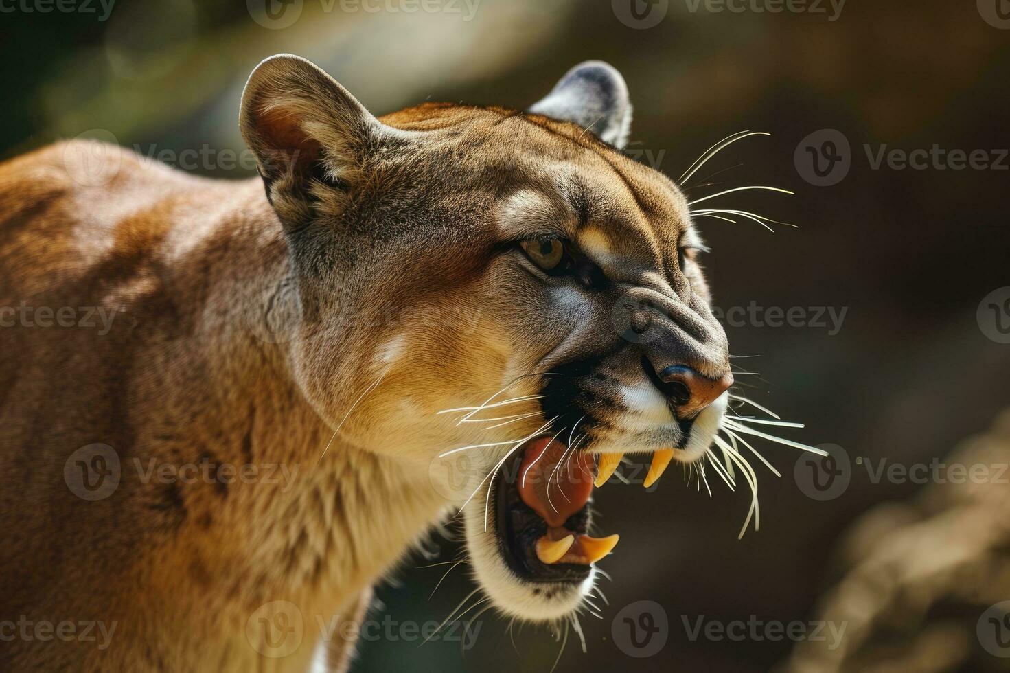 ai generato ruggente Puma o montagna Leone cacce suo preda foto