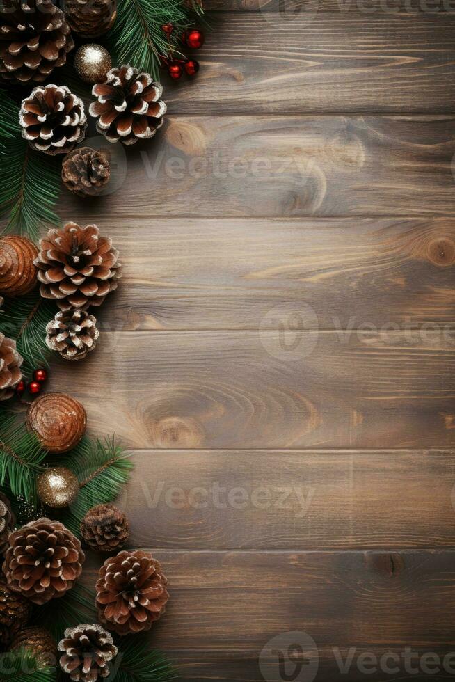 ai generato Natale decorazione con pino coni. Natale sfondo con spazio per testo. foto