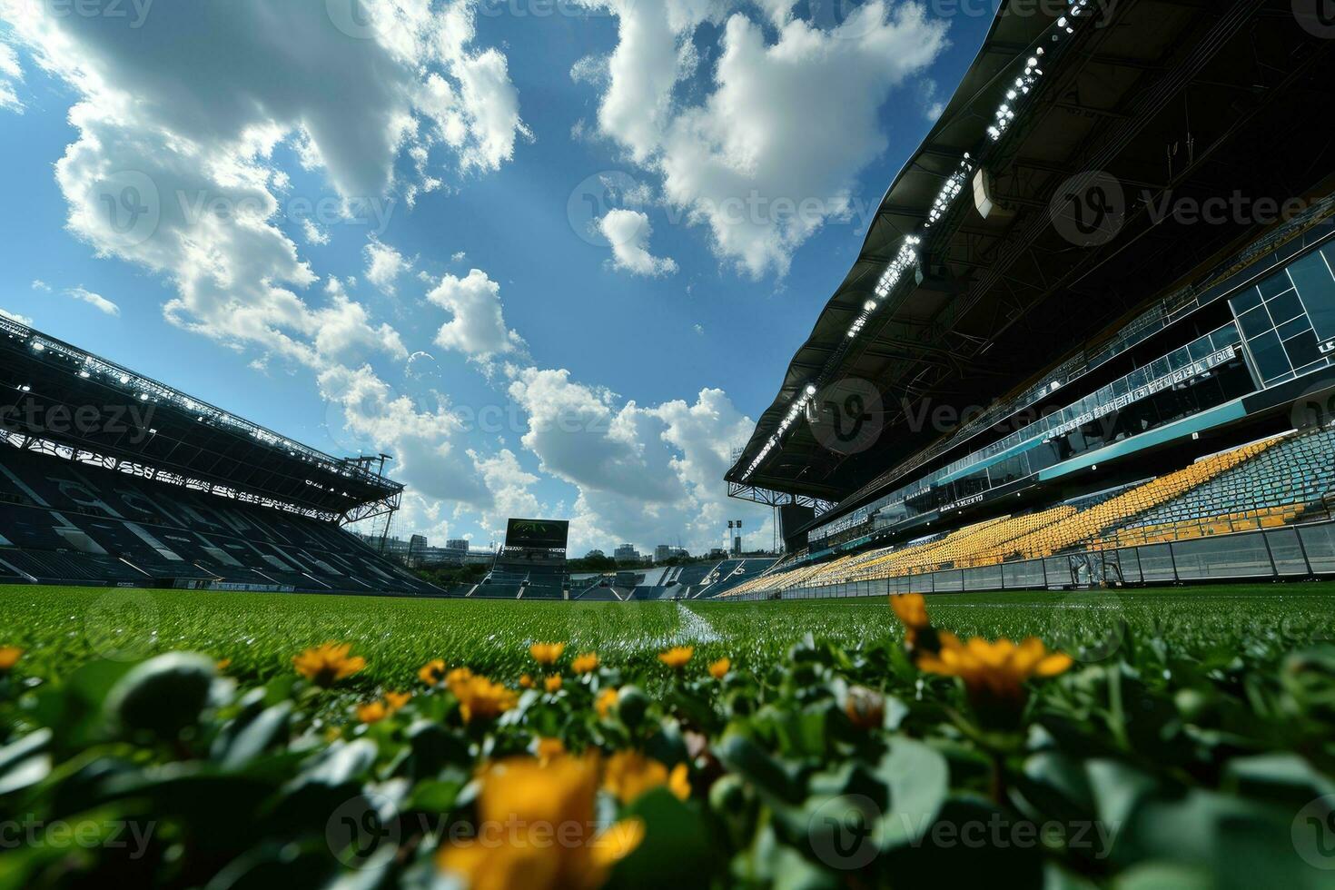 ai generato lussureggiante verde prato a calcio calcio gli sport stadio professionale fotografia foto