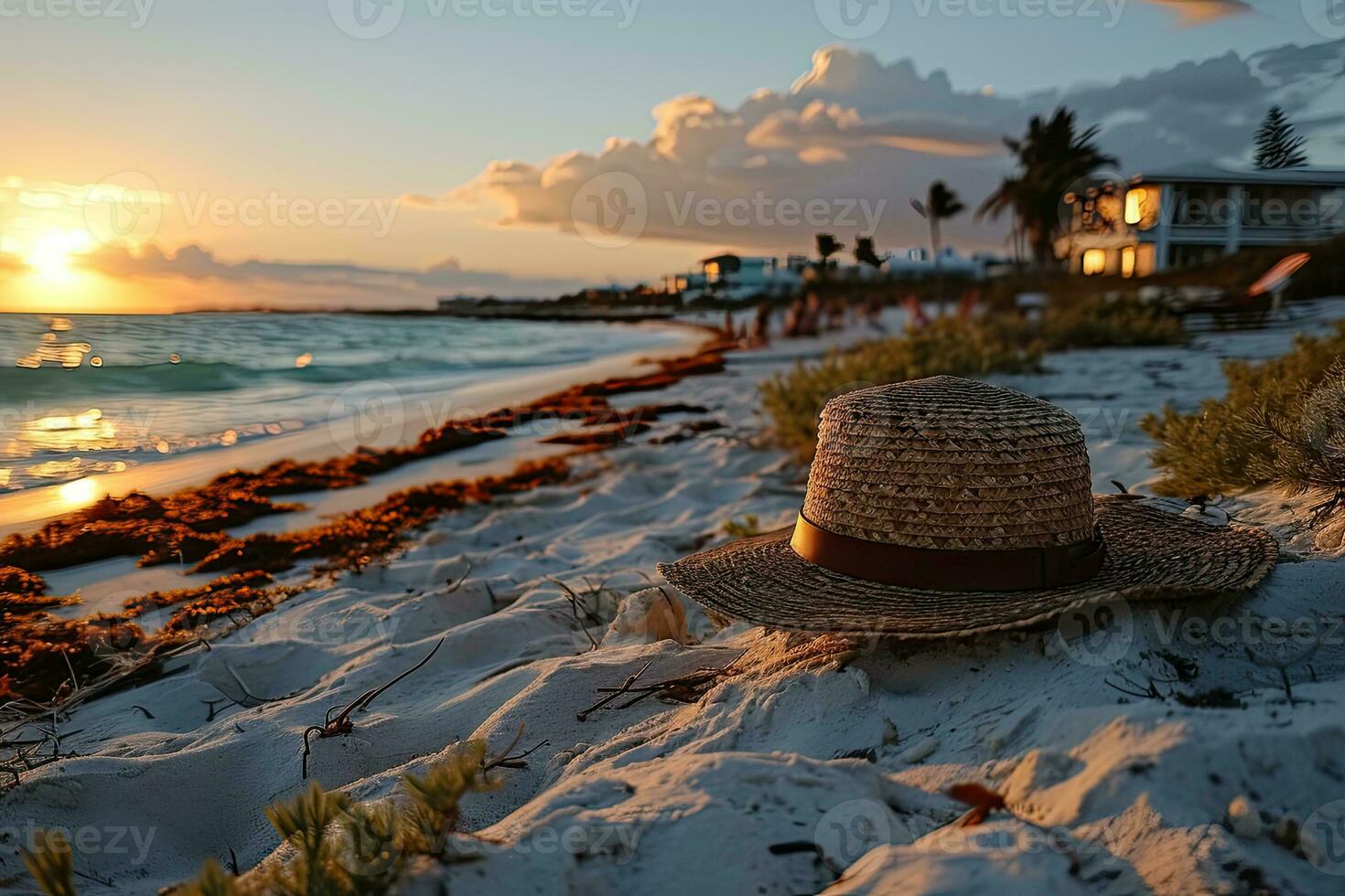 ai generato cannuccia cappello su il sabbia spiaggia professionale fotografia foto