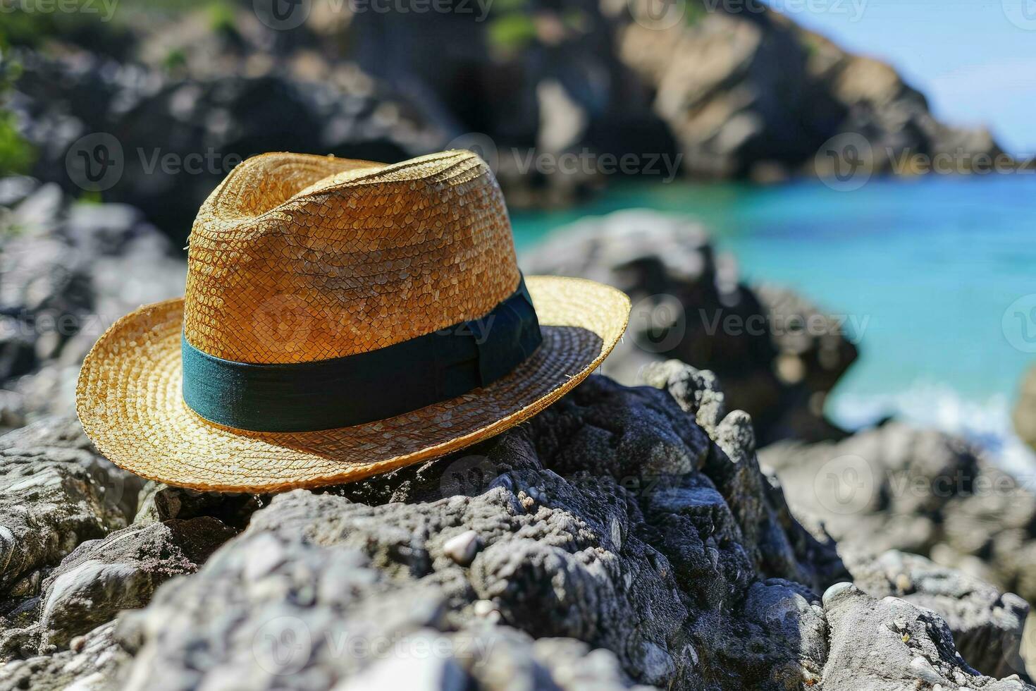 ai generato cannuccia cappello su il sabbia spiaggia professionale fotografia foto