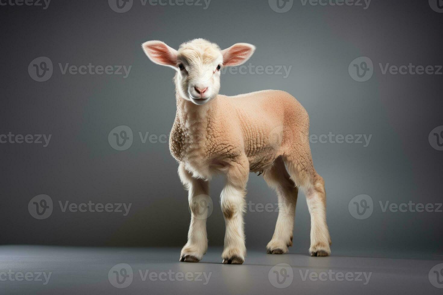 ai generato un' agnello è in piedi nel davanti di un' grigio sfondo foto