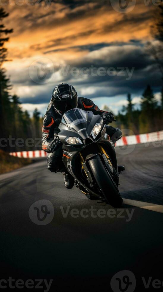 ai generato veloce motociclo da corsa su autostrada con cielo e nuvole foto