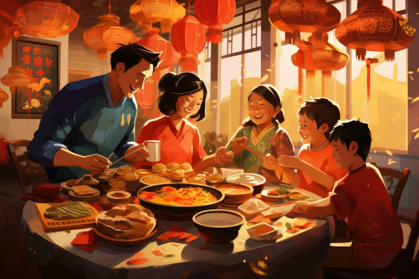 ai generato Cinese famiglia cenare nel un' tradizionale Cinese ristorante, avvicinamento di foto, un' famiglia si riunirono in giro per un' festa durante lunare nuovo anno, ai generato foto