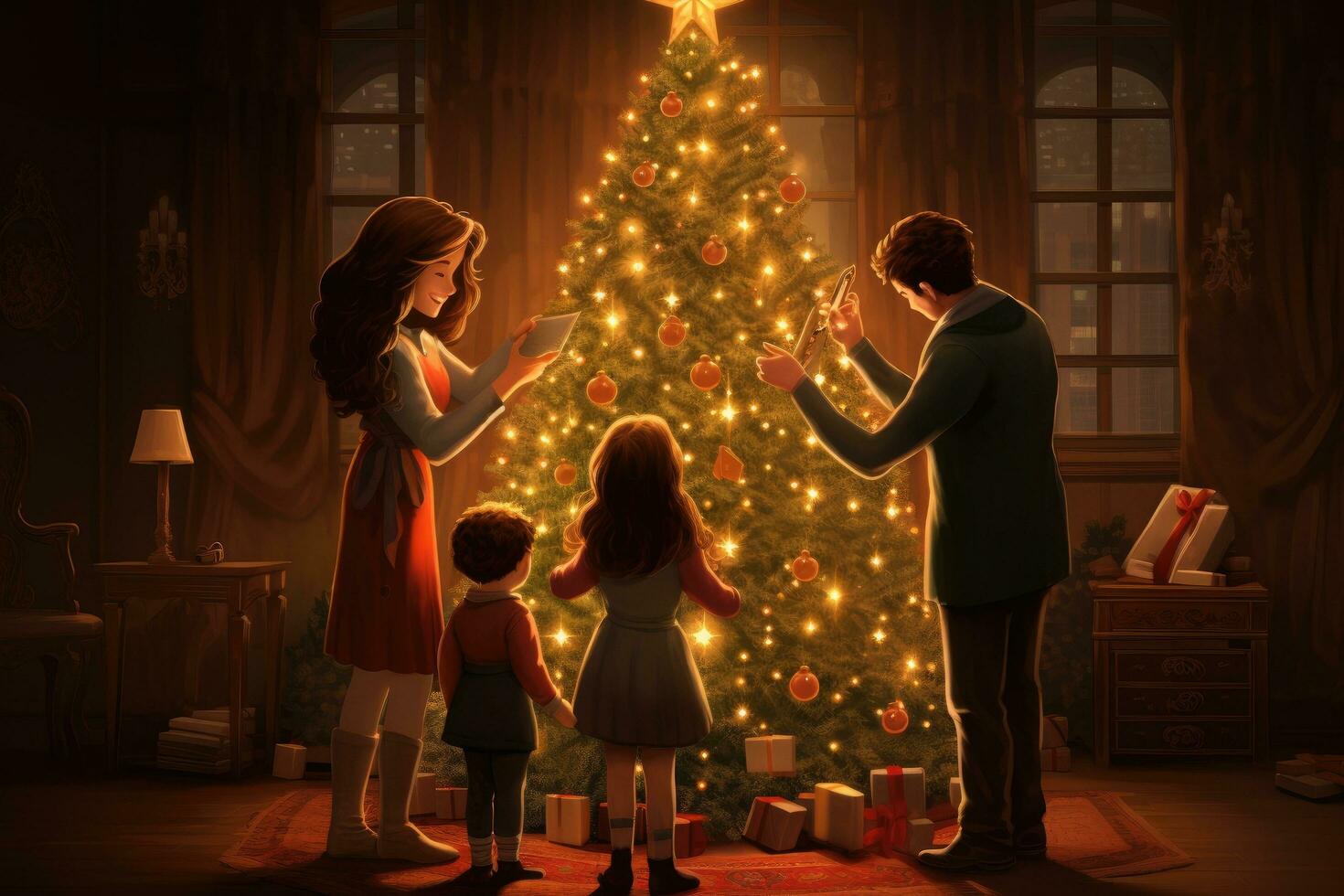 ai generato contento famiglia decorazione il Natale albero a casa. nuovo anno e natale concetto, un' famiglia illuminazione su un' Natale albero insieme, ai generato foto