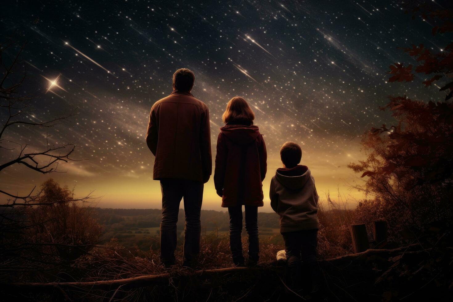 ai generato un' giovane famiglia con un' bambino sembra a il stellato cielo, un' famiglia di quattro guardare le stelle nel un' rurale ambientazione, ai generato foto