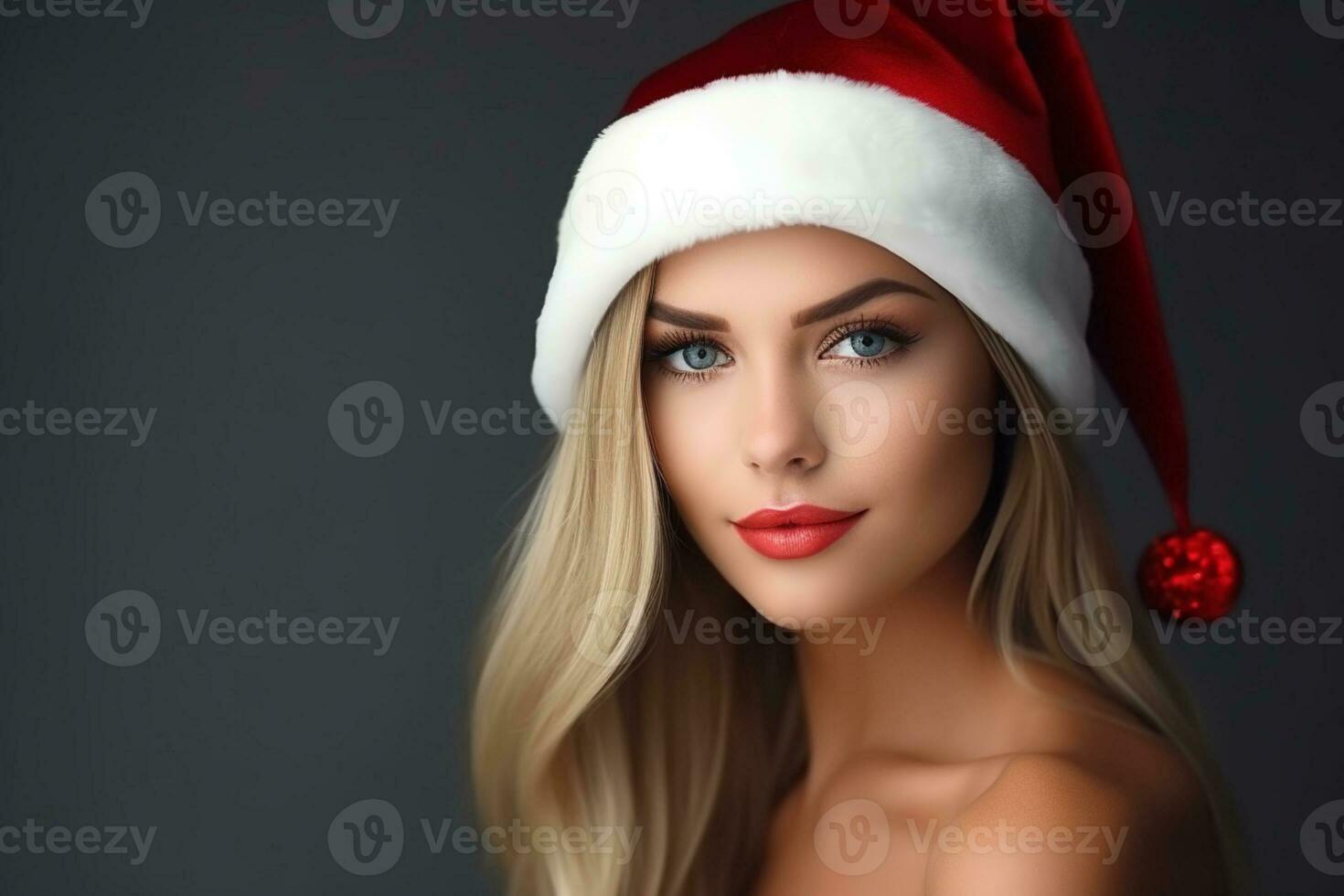 ai generato ritratto giovane bella asiatico donna nel rosso Santa Claus costume Sorridi foto