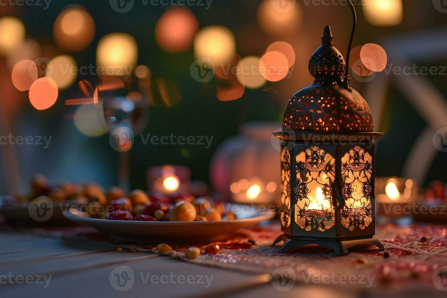 ai generato ornamentale Arabo lanterna piatto con Data frutta su il tavolo Ramadan kareem. iftar cena sfondo. foto