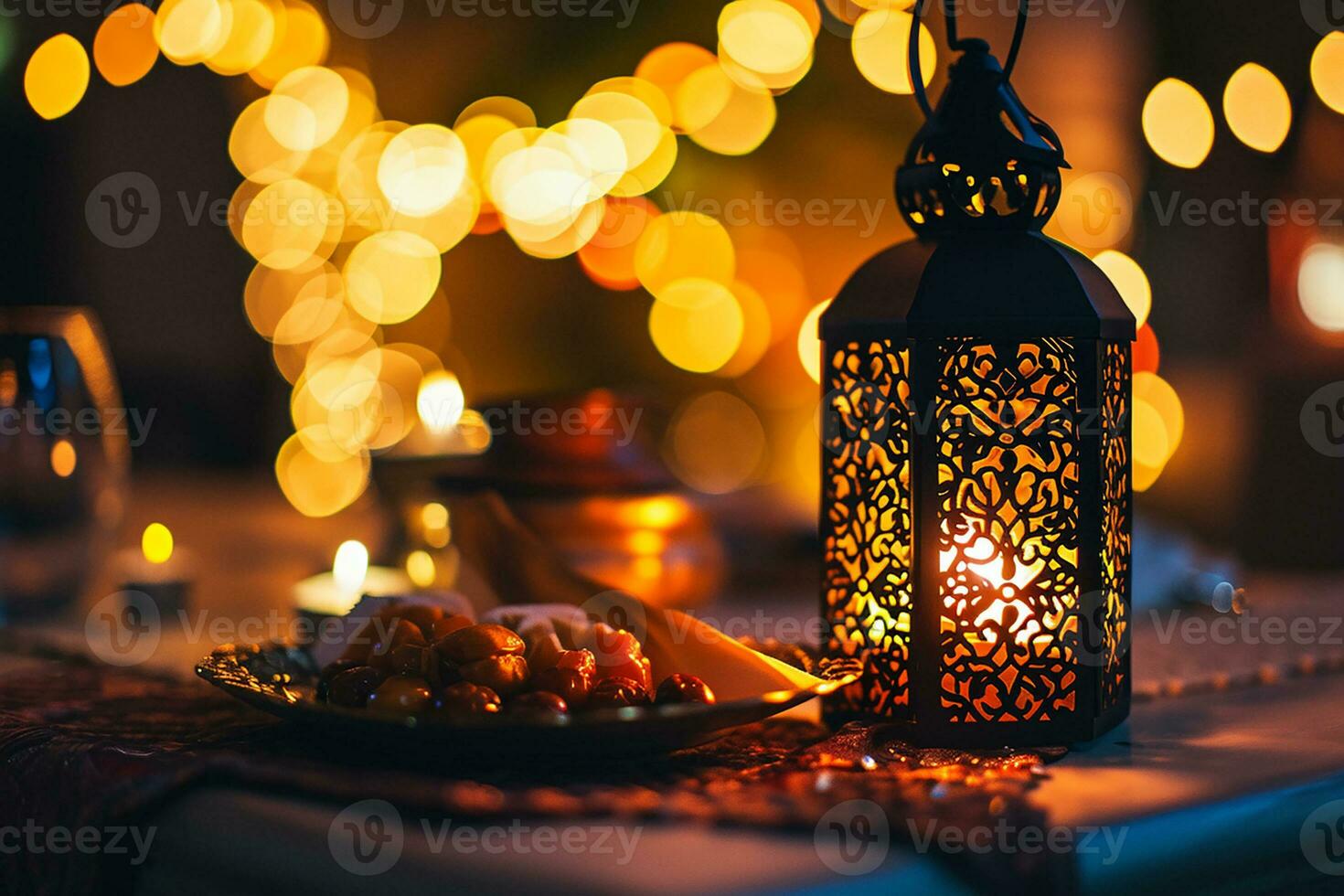 ai generato ornamentale Arabo lanterna piatto con Data frutta su il tavolo Ramadan kareem. iftar cena sfondo. foto