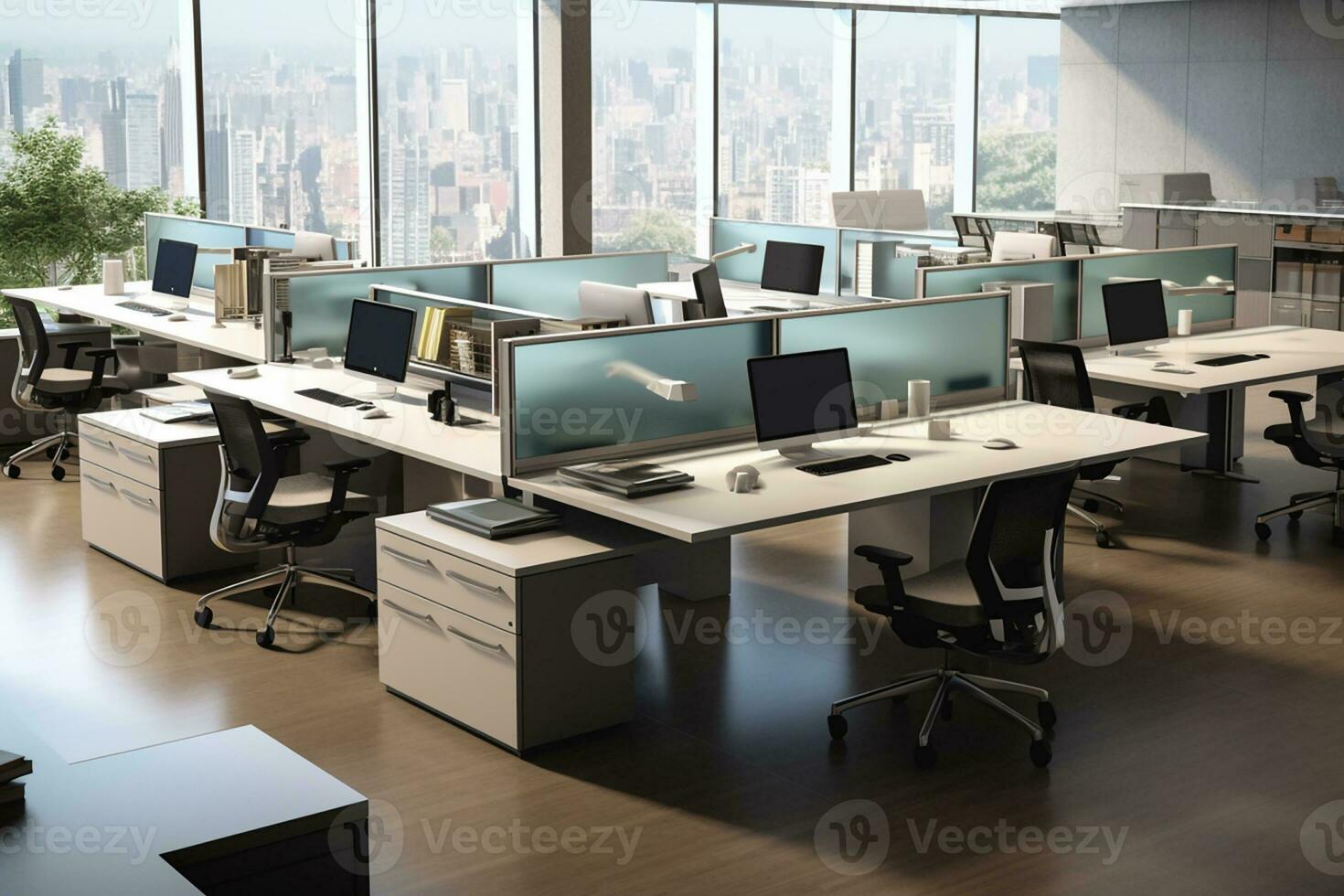 ai generato bellissimo sfondo di un' moderno ufficio interno con panoramico finestre foto
