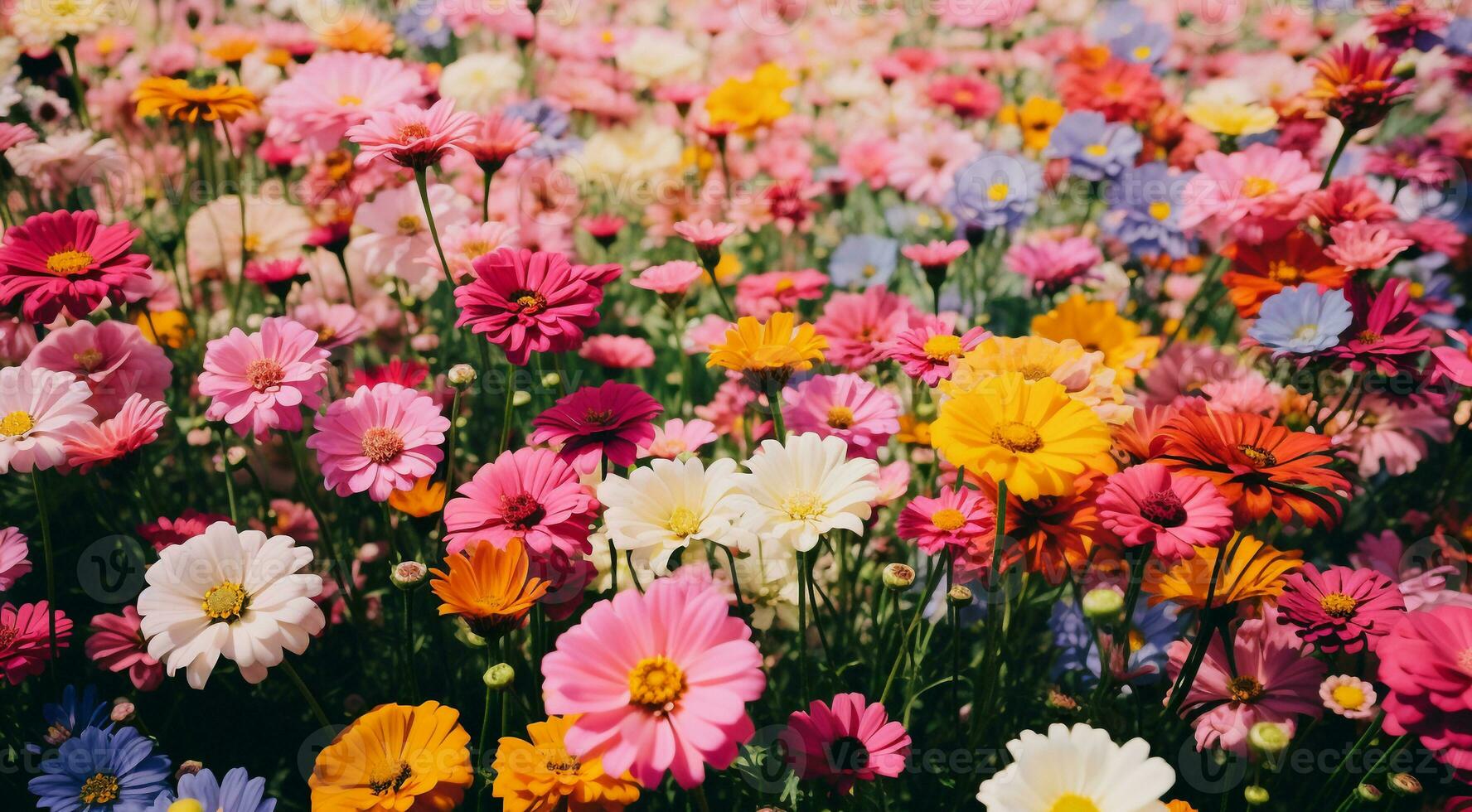 ai generato campo di fiori, fiori nel il campo, colorato fiori sotto il cielo, colorato fiori, fiori campo foto