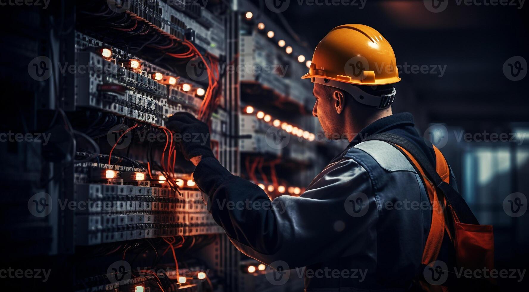 ai generato elettricista Lavorando nel un' fabbrica, lavoratore con casco, elettrico lavoratore nel azione foto