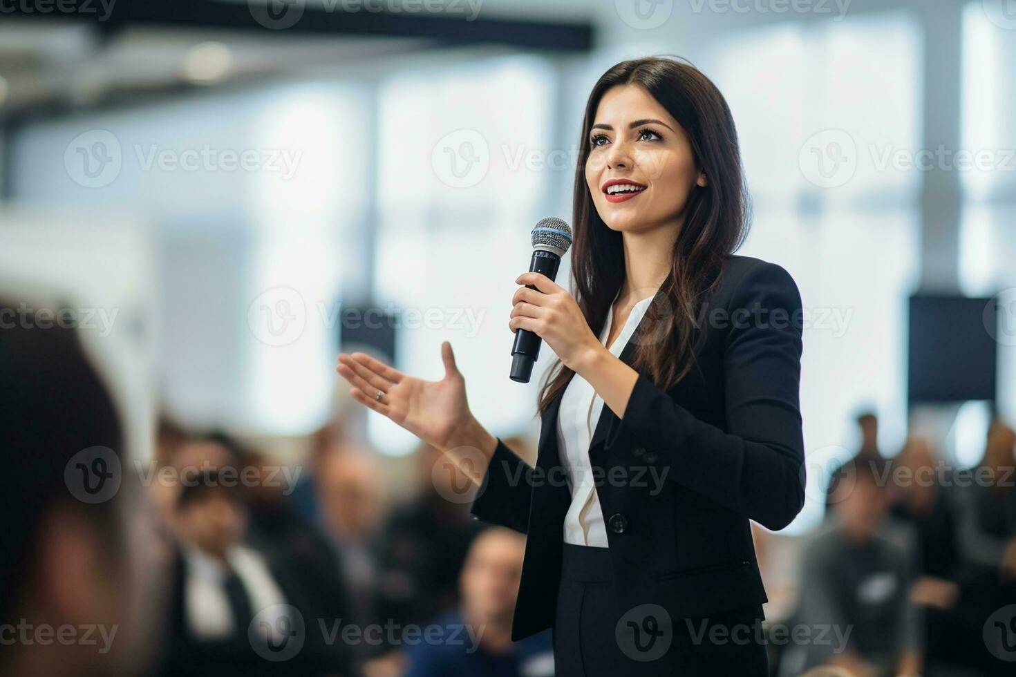 ai generato femmina altoparlante dando un' parlare su aziendale attività commerciale conferenza. irriconoscibile persone nel pubblico a conferenza sala. attività commerciale e imprenditoria evento foto