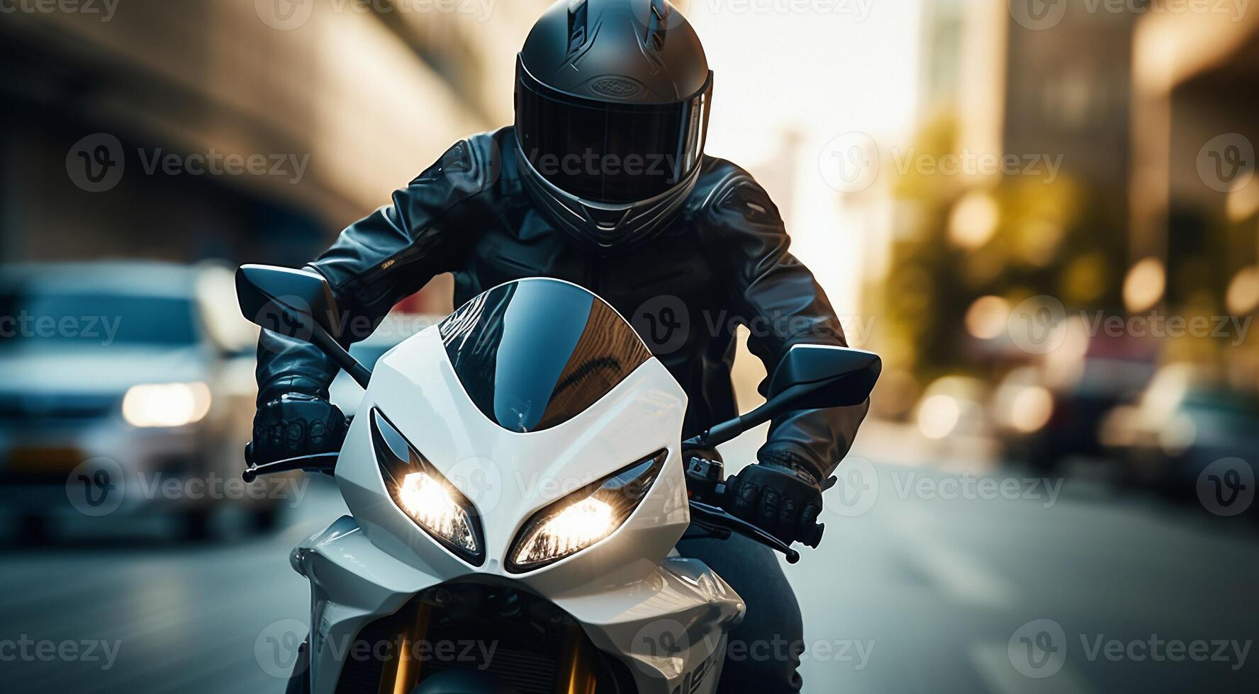 ai generato avvicinamento di motociclista su il strada, motociclo su il strada, ciclista con casco foto