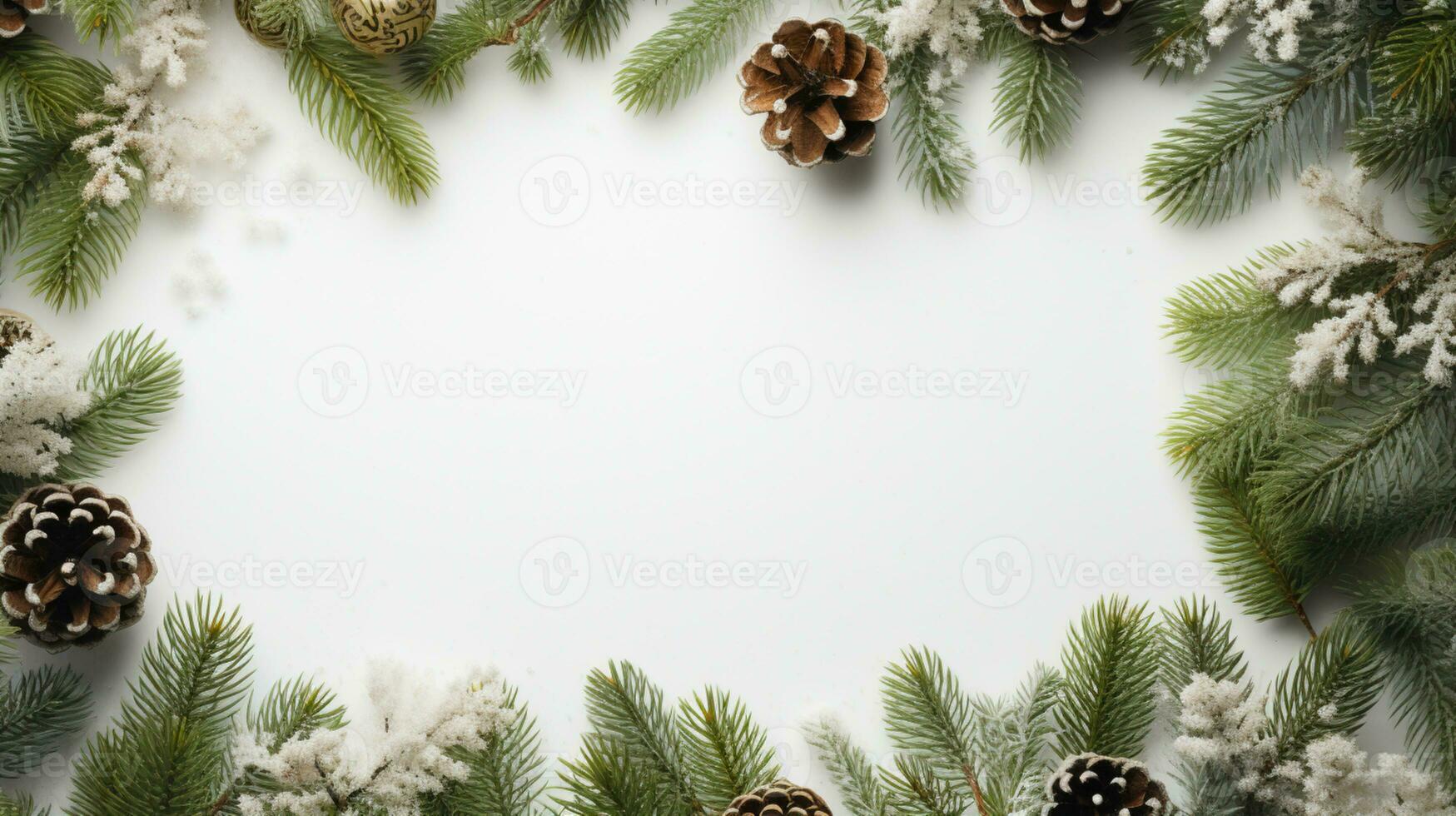 ai generato Natale composizione di abete albero rami con palline e i regali su bianca sfondo foto