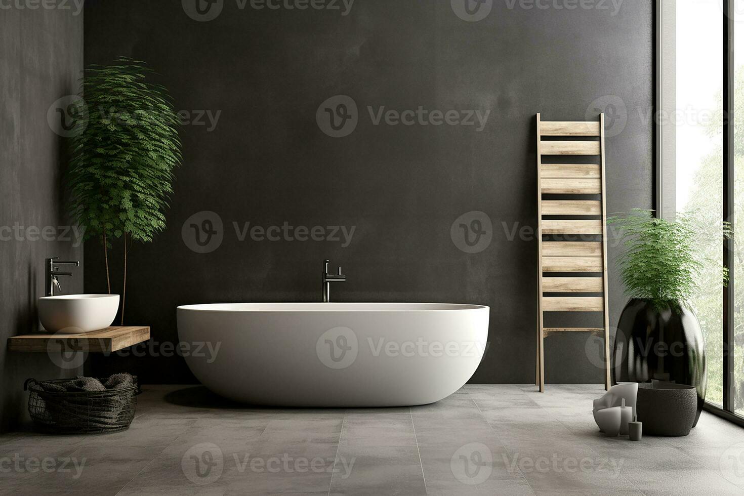 ai generato 3d reso minimo stile nero tema moderno bagno interno design con vasca da bagno foto