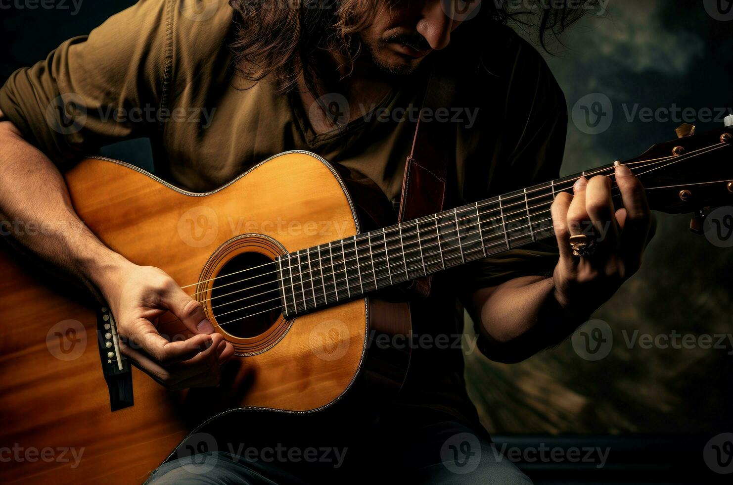 ai generato ritmico uomo giocare chitarra. creare ai foto
