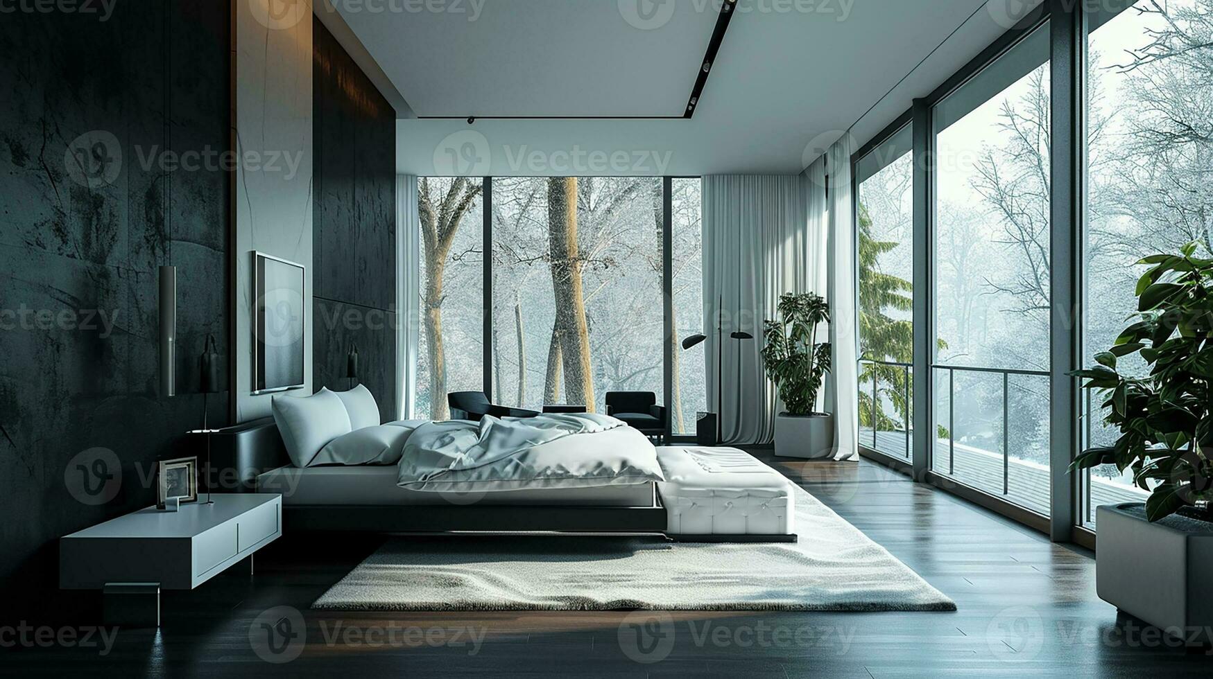 ai generato Camera da letto interno design minimo estetico 3d reso foto