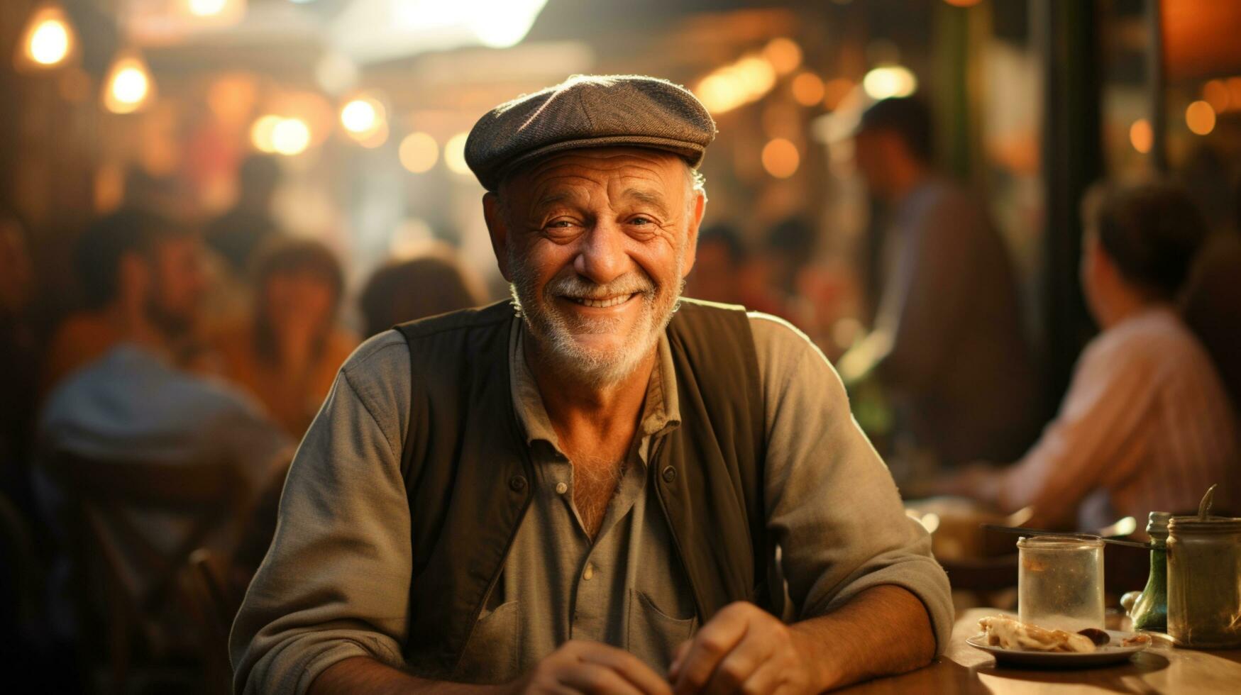 ai generato vecchio uomo era seduta e sorridente foto