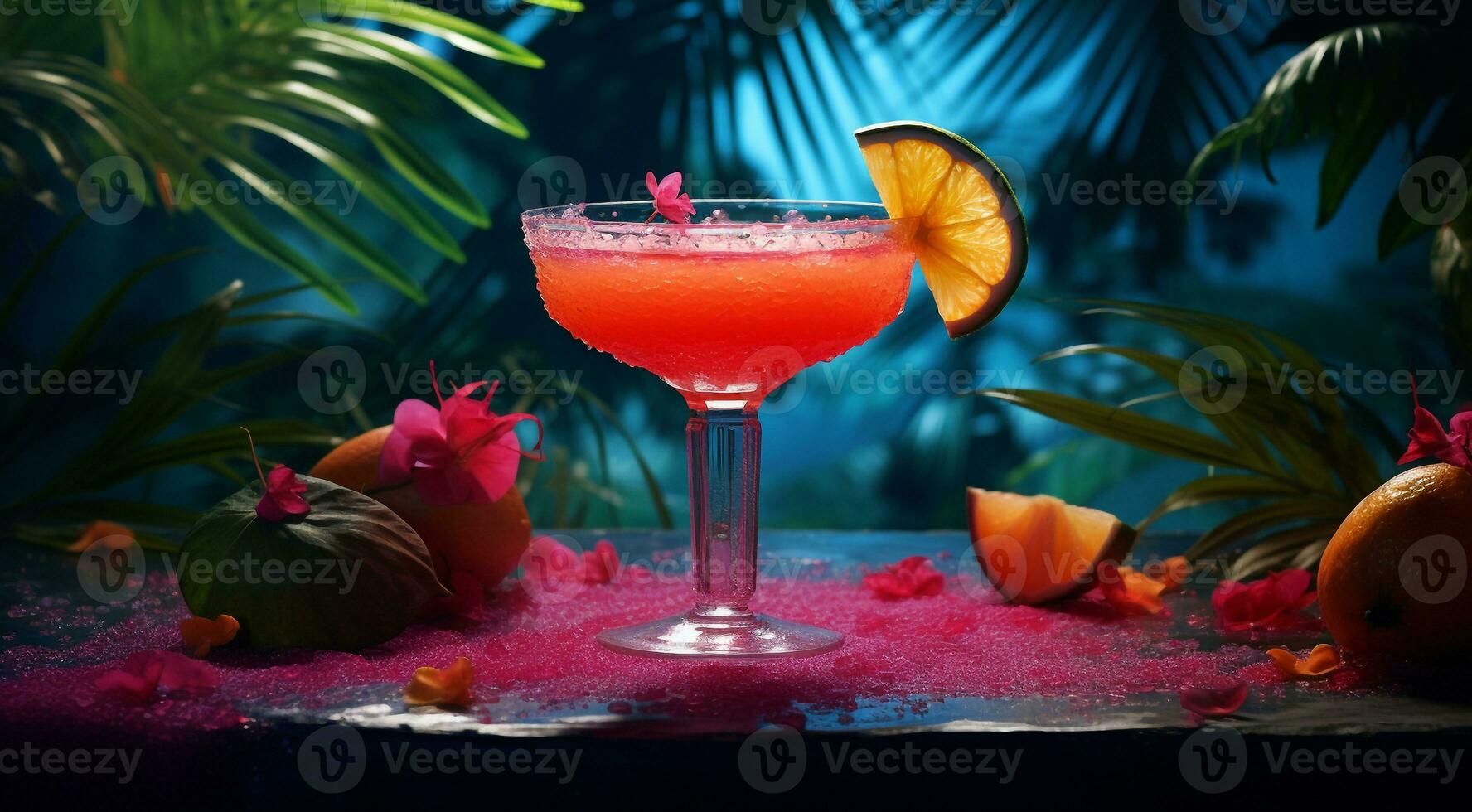 ai generato colorato bicchiere di coctail su il astratto sfondo, tropicale coctail su il tavolo foto