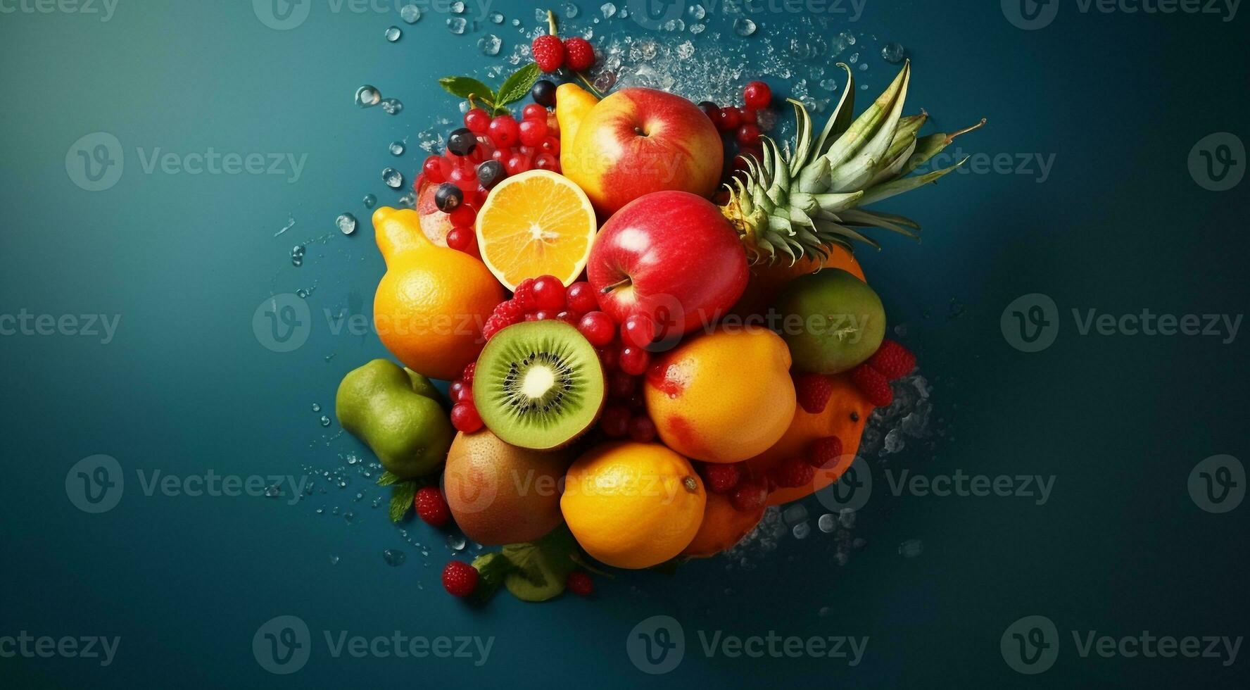 ai generato delizioso colorato frutta su colorato sfondo, sfondo di frutta, affettato frutta su astratto sfondo, frutta sfondo foto