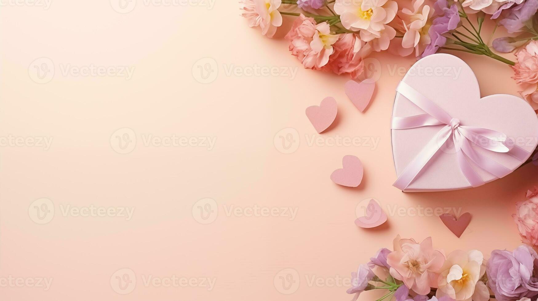 ai generato contento san valentino giorno rosa cuore pacco regalo con fiore, superiore Visualizza, copyspace, giorno, pastello vecchio rosa sfondo foto