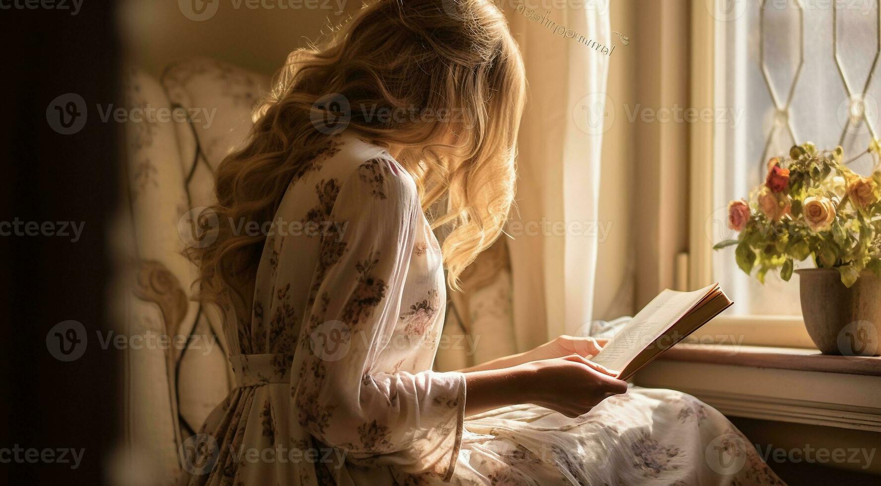 ai generato avvicinamento di un' ragazza lettura prenotare, ragazza con prenotare, bella giovane donna apprendimento con prenotare, donnaiolo con libro foto