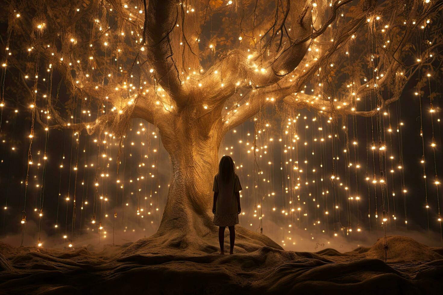 ai generato silhouette di un' donna in piedi nel il forma di un' albero e guardare a il leggero lampadine. Fata luci nel il sfondo, ai generato foto