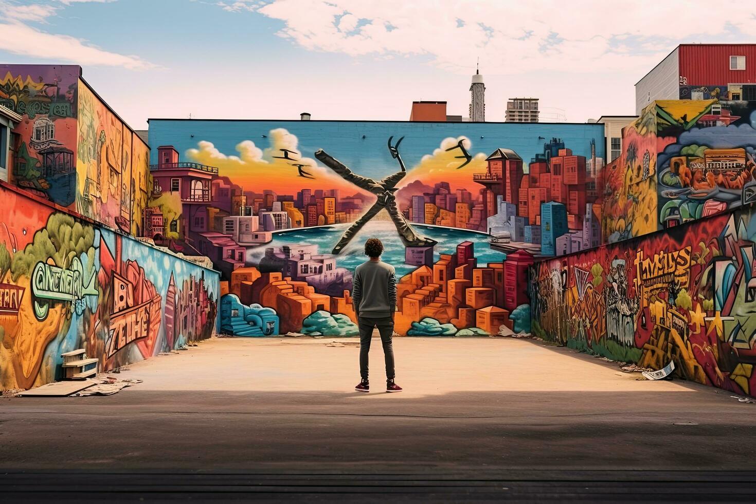 ai generato uomo con skateboard e graffiti su il parete. urbano scena, ai generato foto