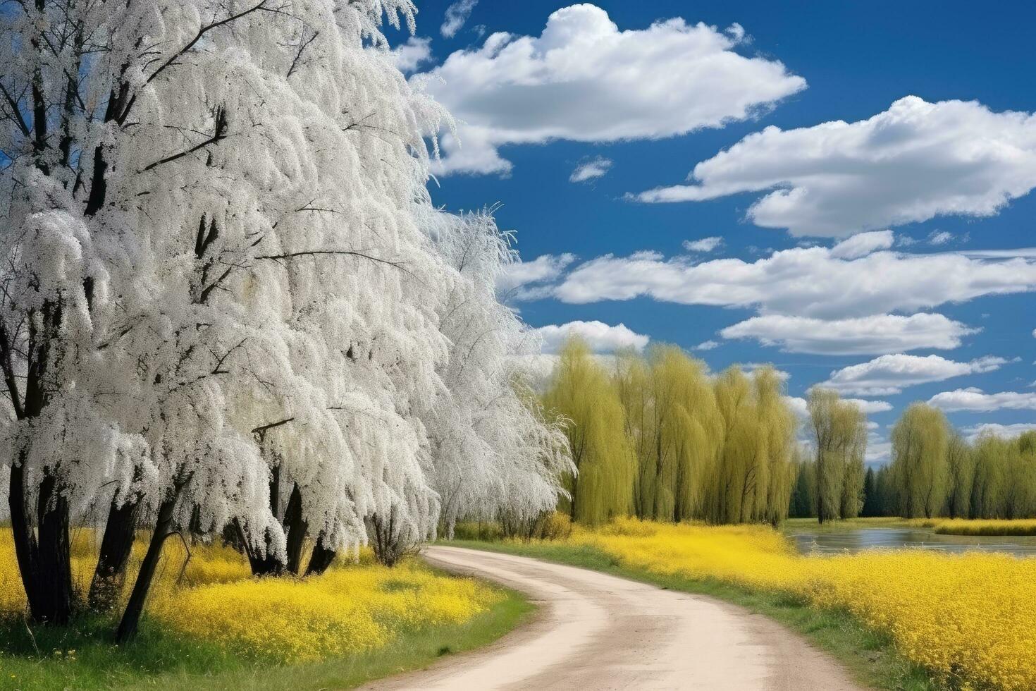 ai generato rurale strada nel il primavera. alberi su il sfondo di blu cielo, bellissimo natura con fioritura salice rami e foresta strada contro blu cielo con nuvole, ai generato foto