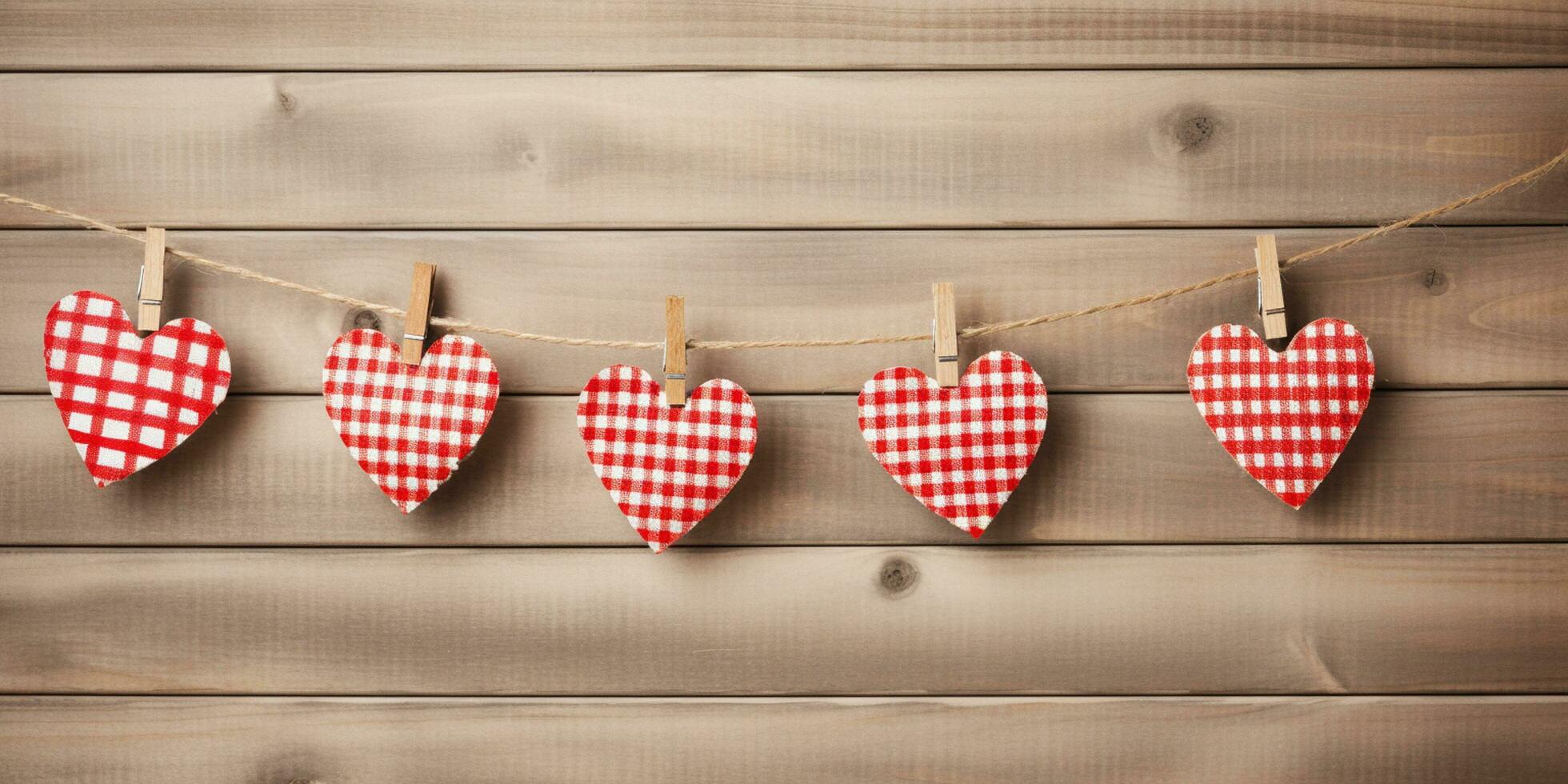 ai generato San Valentino giorno sfondo con rosso cuori e mollette su di legno sfondo contento San Valentino giorno generato ai foto