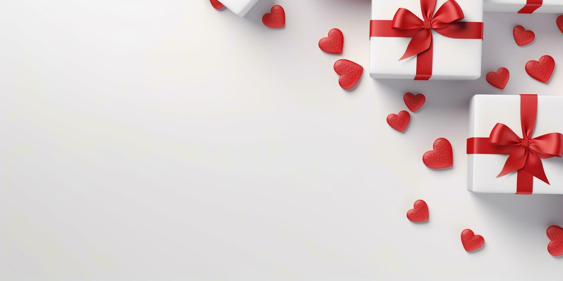 ai generato San Valentino giorno sfondo con regalo scatole e rosso cuori. 3d interpretazione generato ai foto