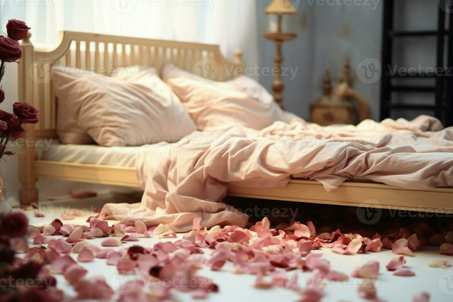 ai generato Hotel romanza letto ornato con rosa petali la creazione di un' romantico ambientazione ai generato foto