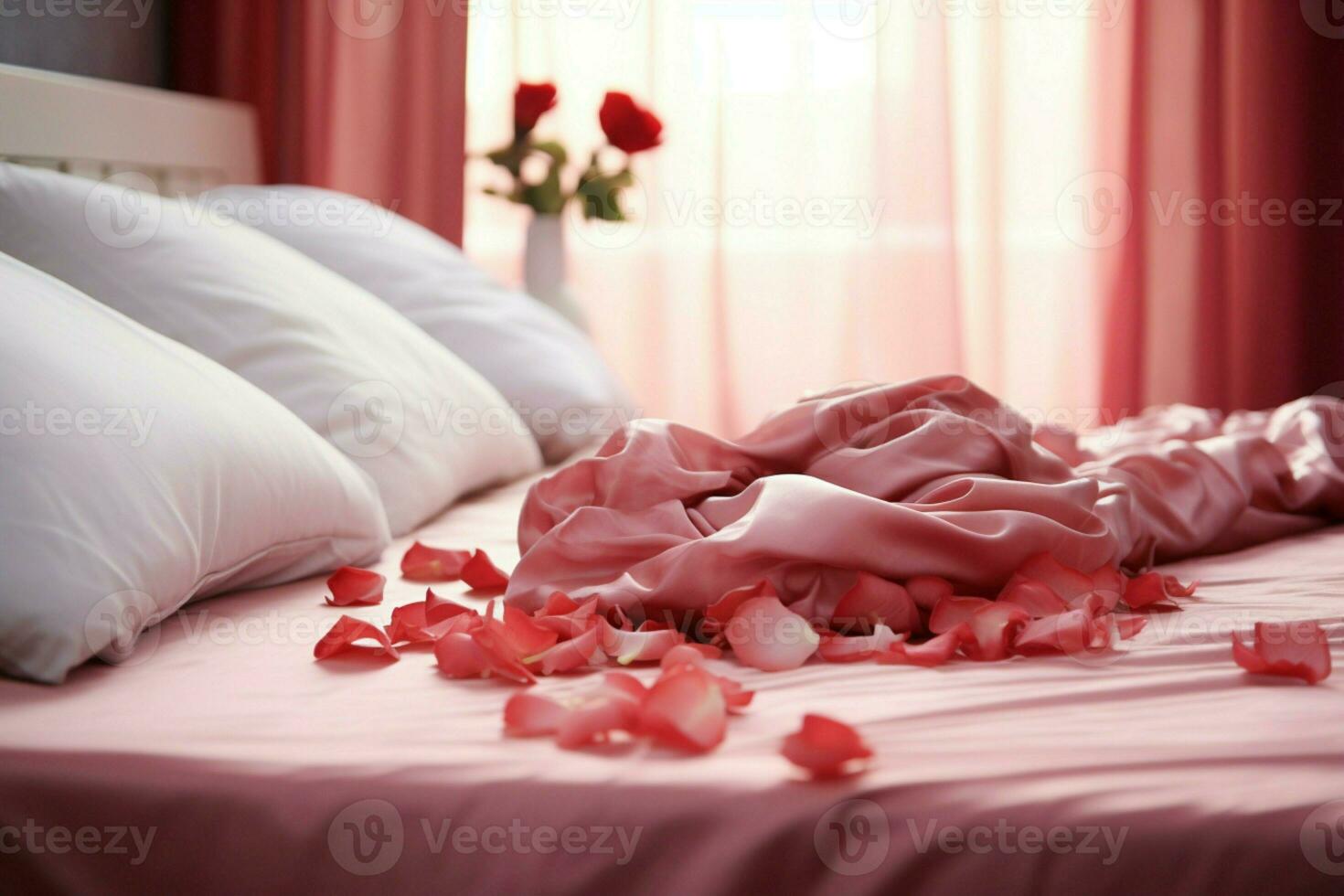 ai generato elegante gesto rosa petali su il letto aggiungendo un' toccare di lusso e romanza ai generato foto