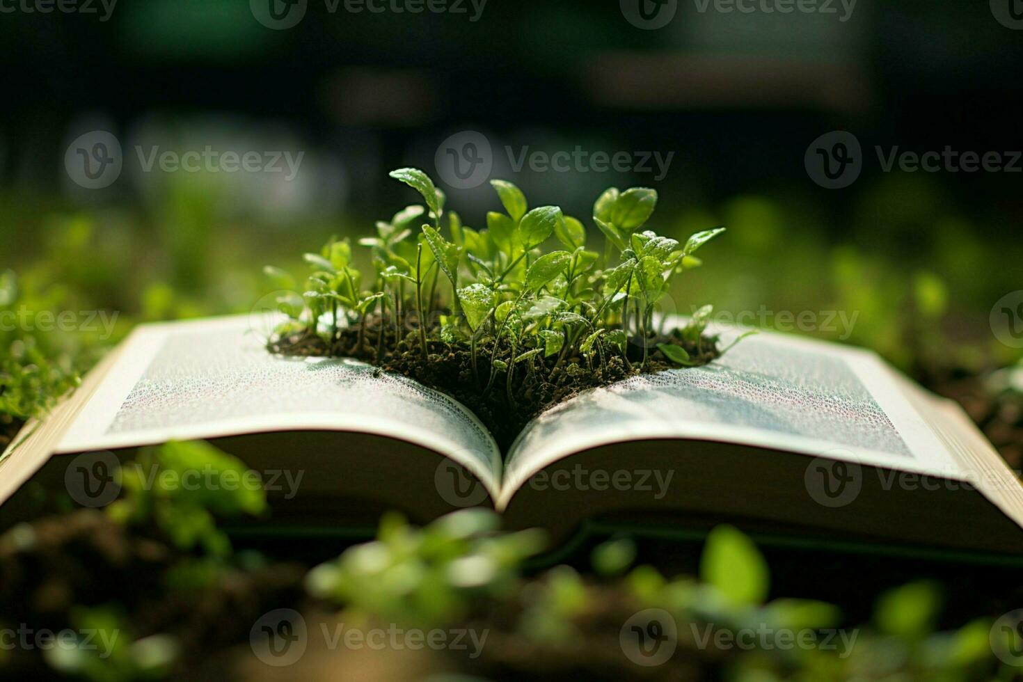 ai generato a partire dal pianta per pagina sostenibile carta produzione per lavorazione libri di testo e promozione eco consapevole pratiche ai generato foto
