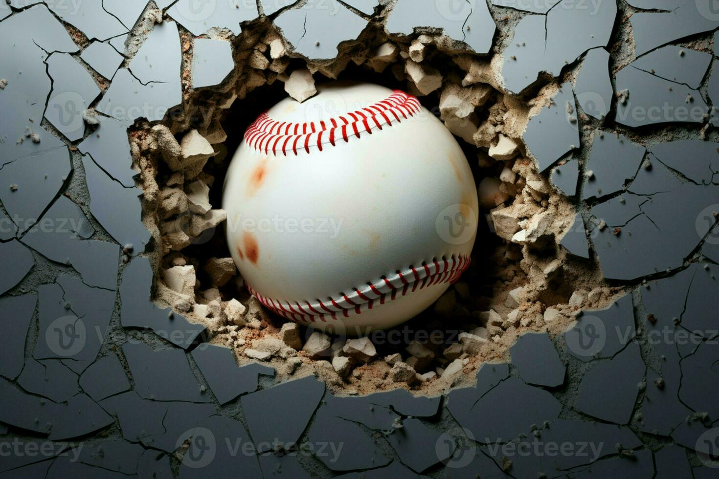 ai generato palle da baseball energia visualizzato come esso scoppia attraverso un' Cracked parete foto