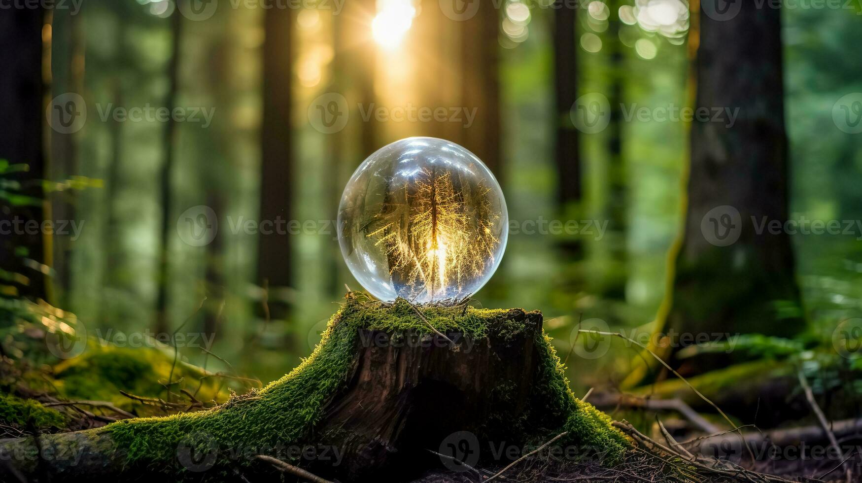 ai generato trasparente cristallo palla riposo su un' muschioso ceppo nel un' lussureggiante foresta. il palla riflette e distorce il sereno bosco scena, con luce del sole filtraggio attraverso il denso alberi, incantevole foto