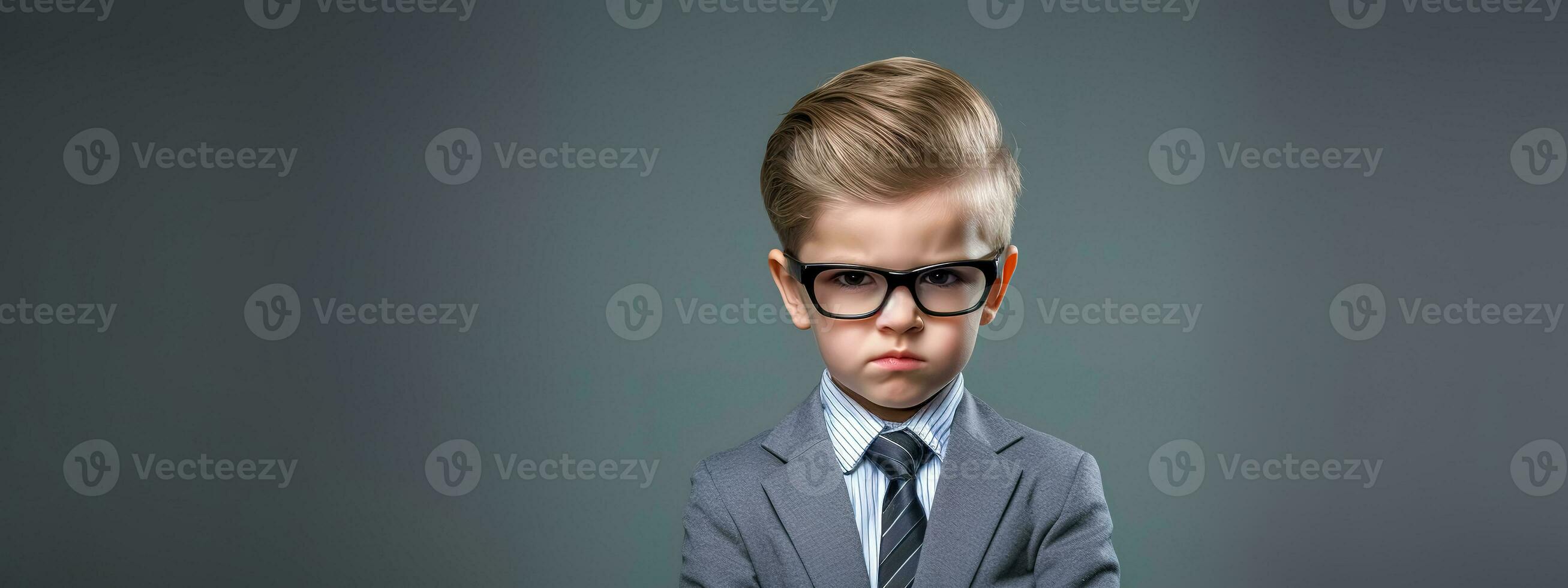 ai generato bello giovane bambino vestito nel un' formale attività commerciale completo da uomo, dando un' grave e un po' disapprovazione Guarda foto