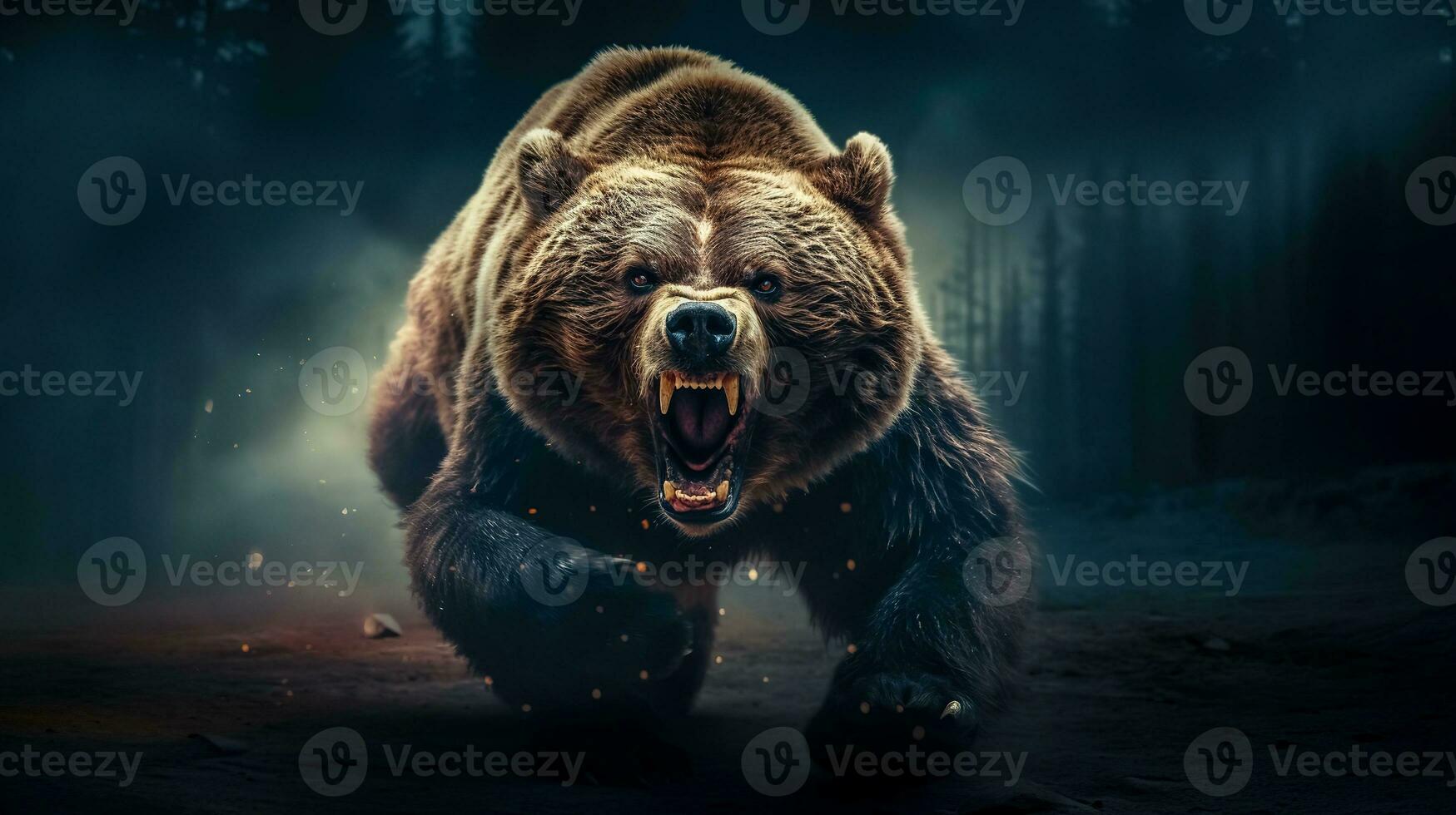 ai generato Pericolo grande Marrone arrabbiato in esecuzione orso nel il foresta foto