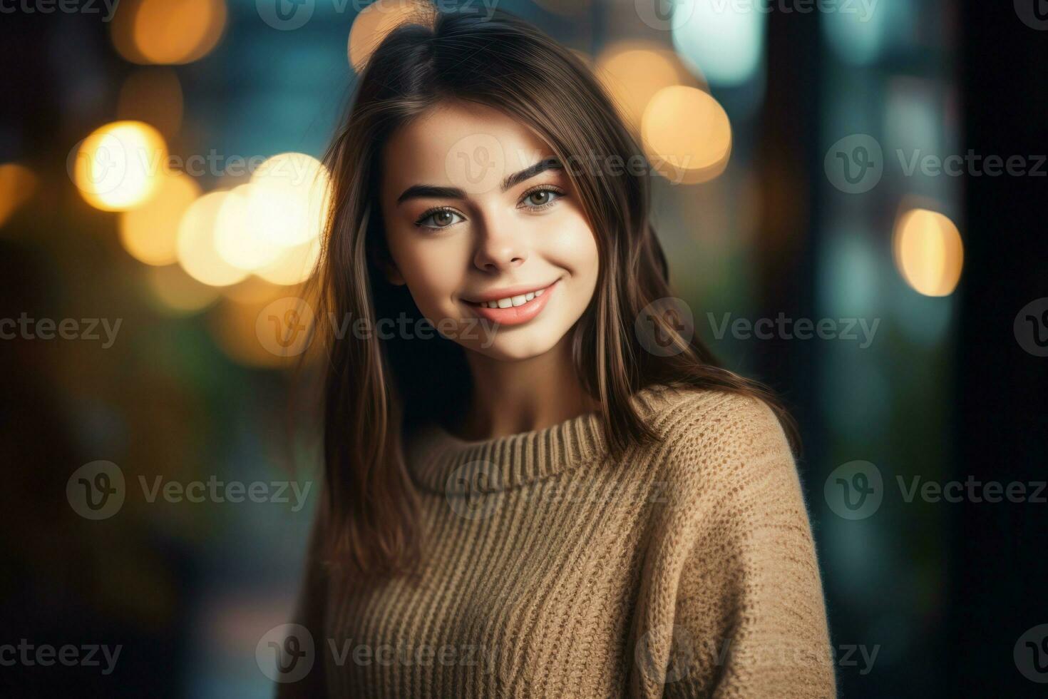 ai generato foto di brillantemente sorridente femmina nel a maglia maglione. creare ai